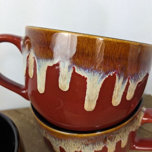 Pier 1 imports Stoneware soup mugs with handle Brown blue drip glaze set of 3 - Picture 3 of 7